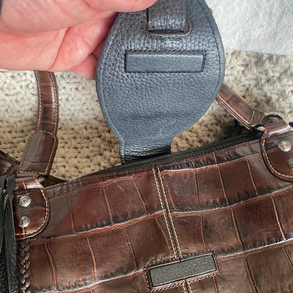 Brighton Croc Embossed Leather Tote Brown & Black Braided Detail - Picture 16 of 16